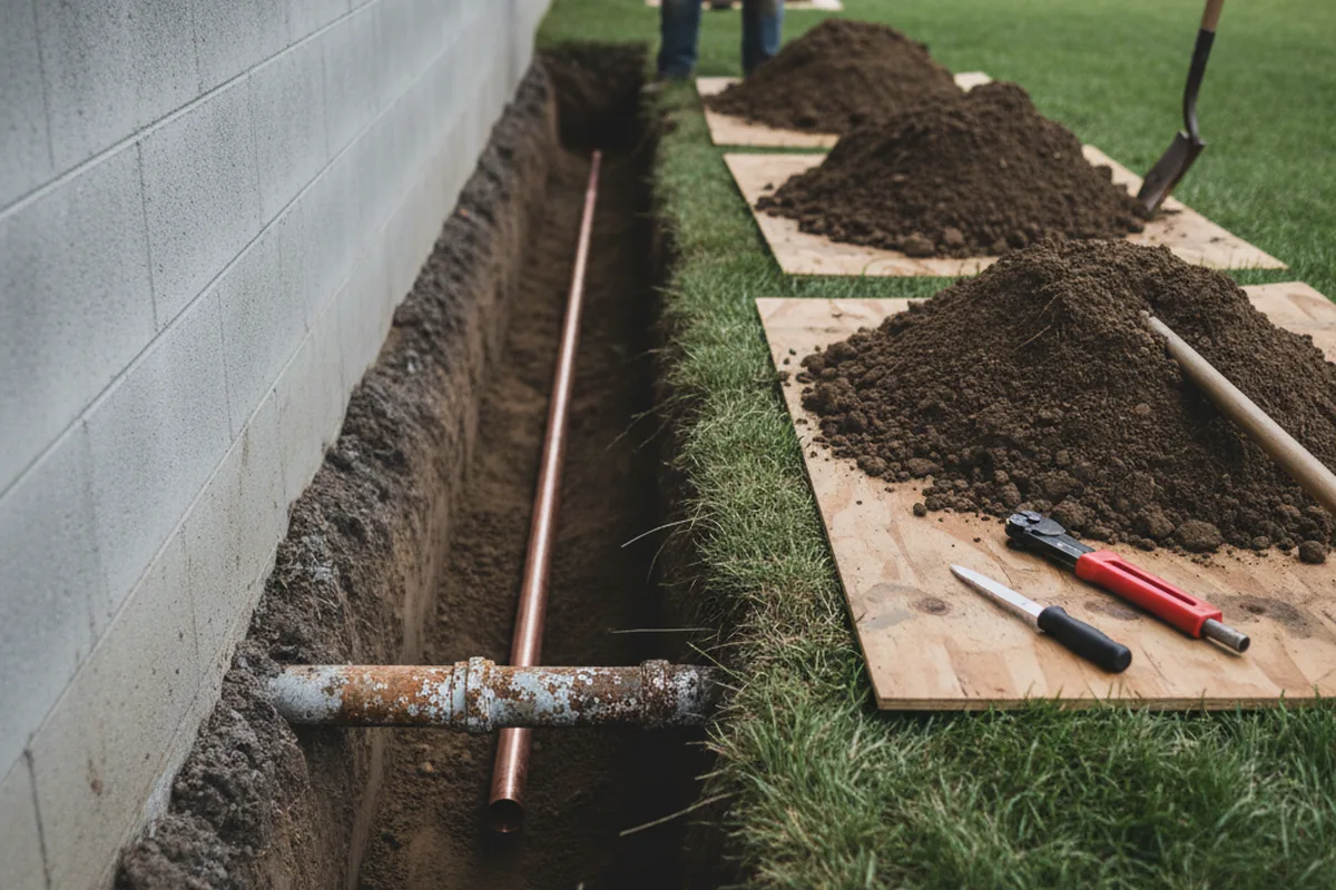 Excavated water line trench during Sewer Line Repair in Seven Valleys
